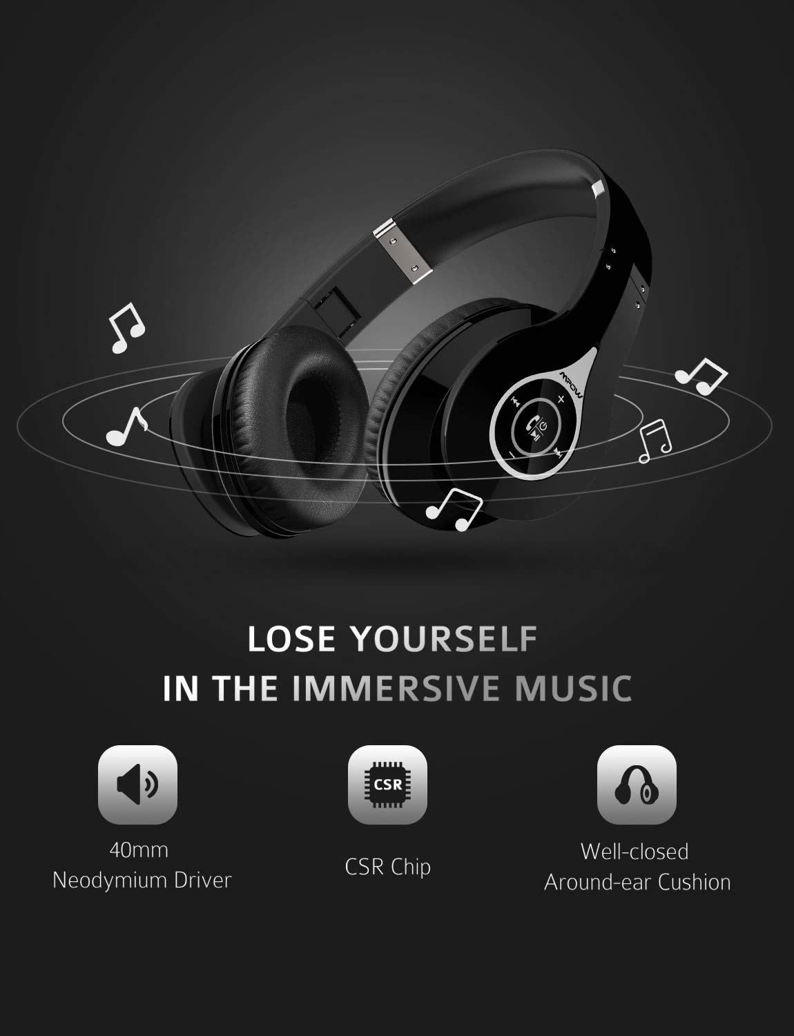 Smartkoshk Mpow 059 wireless stereo headphones with mic, black, showing over-ear design and control buttons.