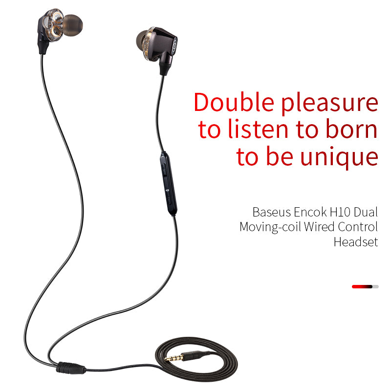Black Encok H10 dual moving-coil wired control headset by Smartkoshk with inline controls and earbud design.