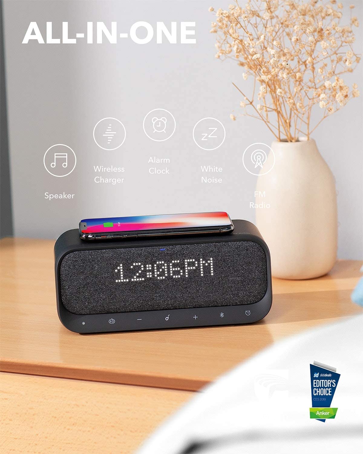 Anker Soundcore Wakey Speaker, Wireless Charger, Alarm &amp; FM Radio Black