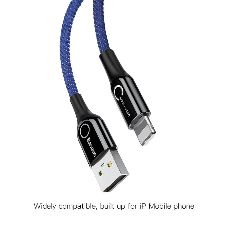 Blue C-shaped Smartkoshk iPhone charging cable with automatic stop feature, illuminated design, and smart charging technology.