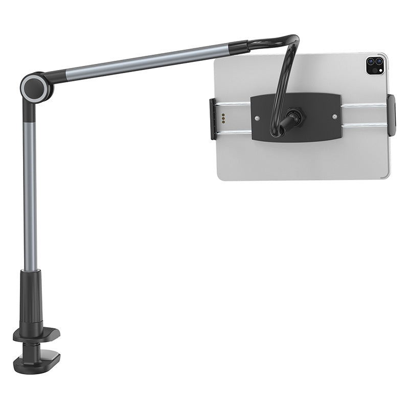 Black Baseus Otaku Life rotary adjustment lazy holder for phones and iPads, shown holding a device with adjustable arm and sturdy base.