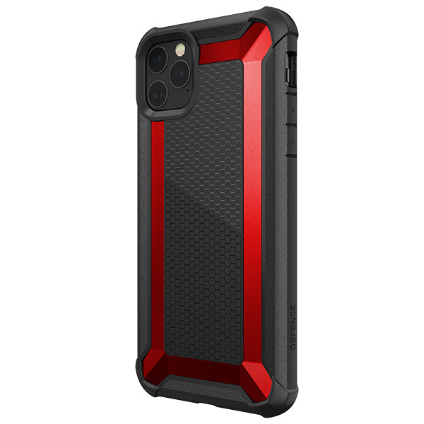 XDoria Defense Tactical case in black and red, designed for iPhone 11 Pro, showing anti-shock features and rugged design.