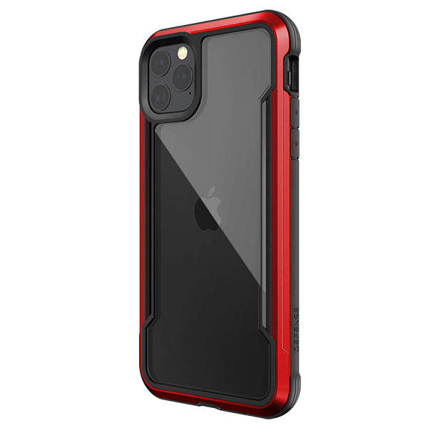 Red XDoria Defense Shield case for iPhone 11 Pro with anti-shock protection up to 3 meters, showing the rugged exterior.