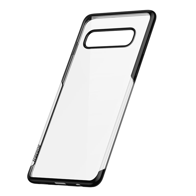 Transparent flexible case for Samsung Galaxy S10 by Baseus, slim design with black edges, shown on the phone in the image.