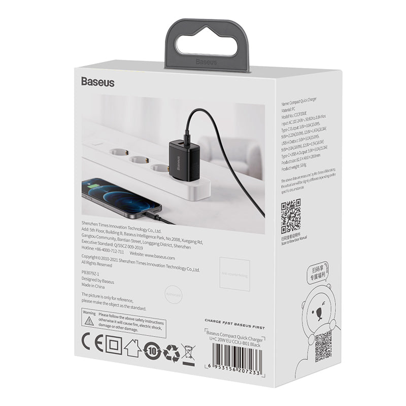 Baseus Super Si Pro fast charger with dual USB ports, PD-QC technology, and 30W power output for quick device charging.