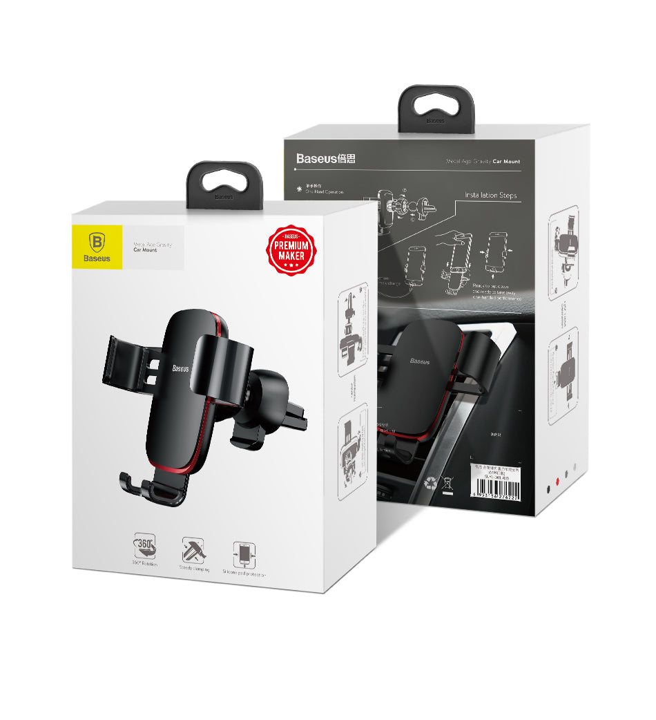 Baseus Metal Age Gravity Car Mount attached to a gray air outlet, designed for secure smartphone holding in vehicles.