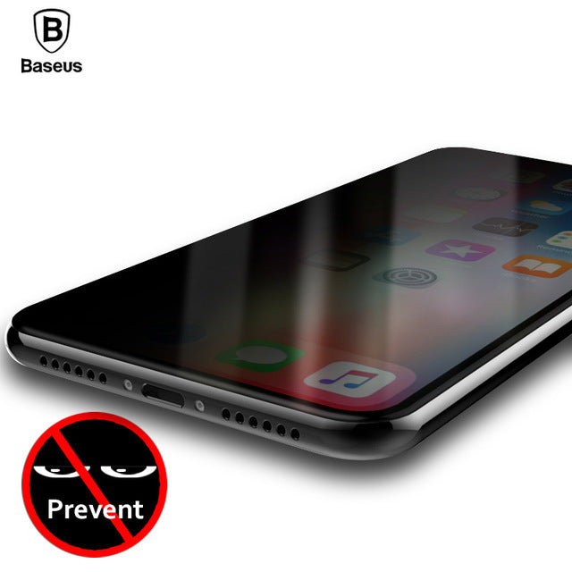 Black Baseus Arc-surface anti-peeping tempered glass screen protector for iPhone X, 0.23mm thick, with precise edge coverage.