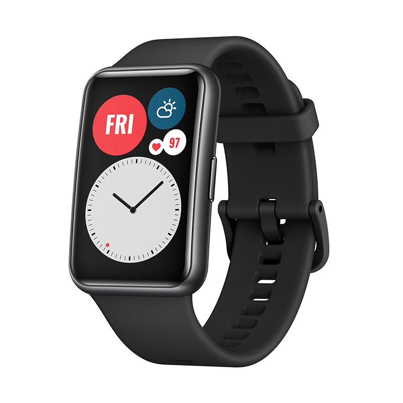 Huawei Watch Fit in black displaying heart rate and SpO2 readings with a sleek design and long battery life.