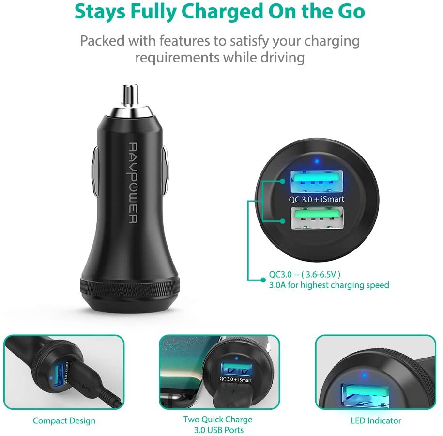 Ravpower RP-VC007 Dual USB Fast Car Charger 40w With iSmat