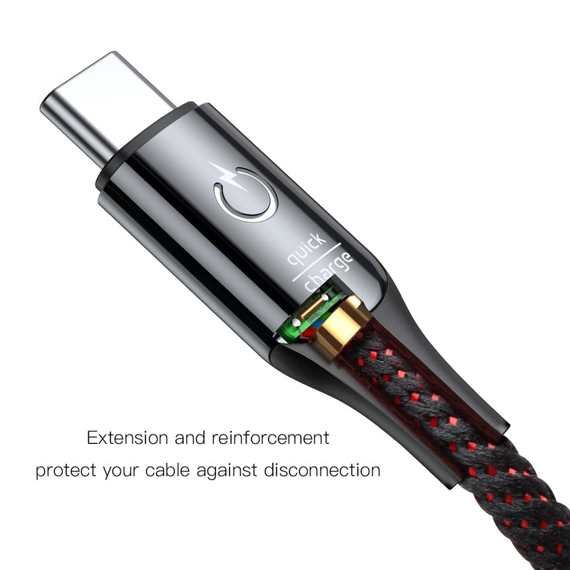 Black Smartkoshk C-shaped Type C smart charging cable with LED indicator and automatic stop feature, shown in a close-up image.