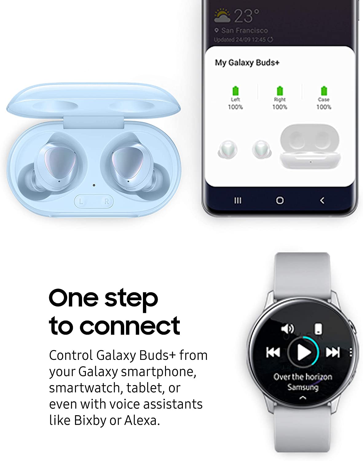Samsung Galaxy Buds Plus by AKG in blue with charging case, wireless earbuds for premium sound and comfortable fit.