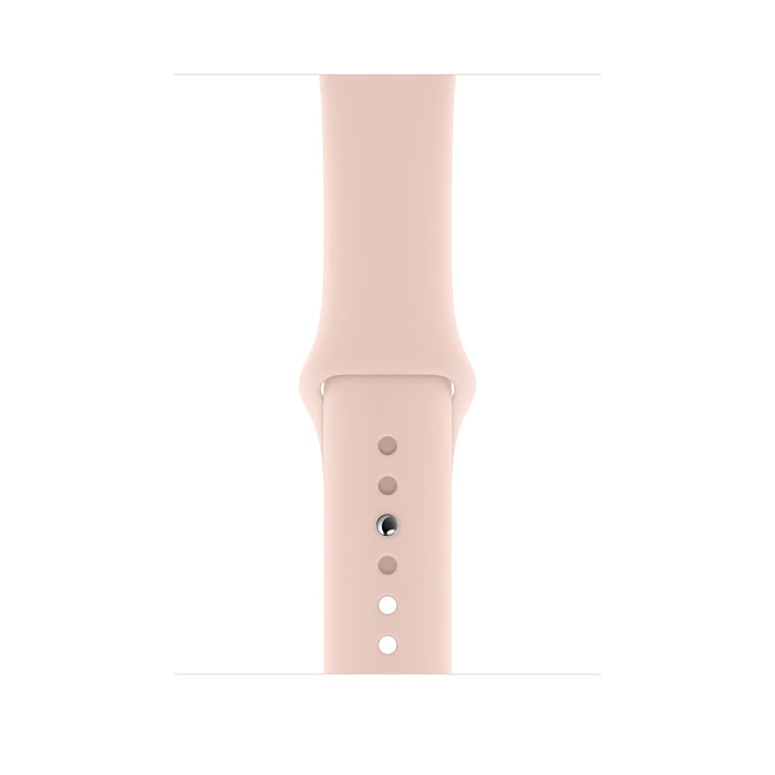 Apple Watch Series 5 GPS 44mm with gold aluminum case and pink band, showcasing the smartwatch on a white background.
