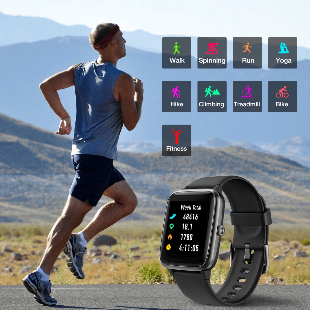 UMIDIGI Uwatch 3 full touch waterproof smartwatch with 50m water resistance and 9 sport modes, shown in black.