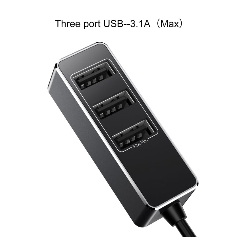 Baseus Enjoy Together 4 USB car charger in black, featuring four ports and a 5.5A output for fast charging.