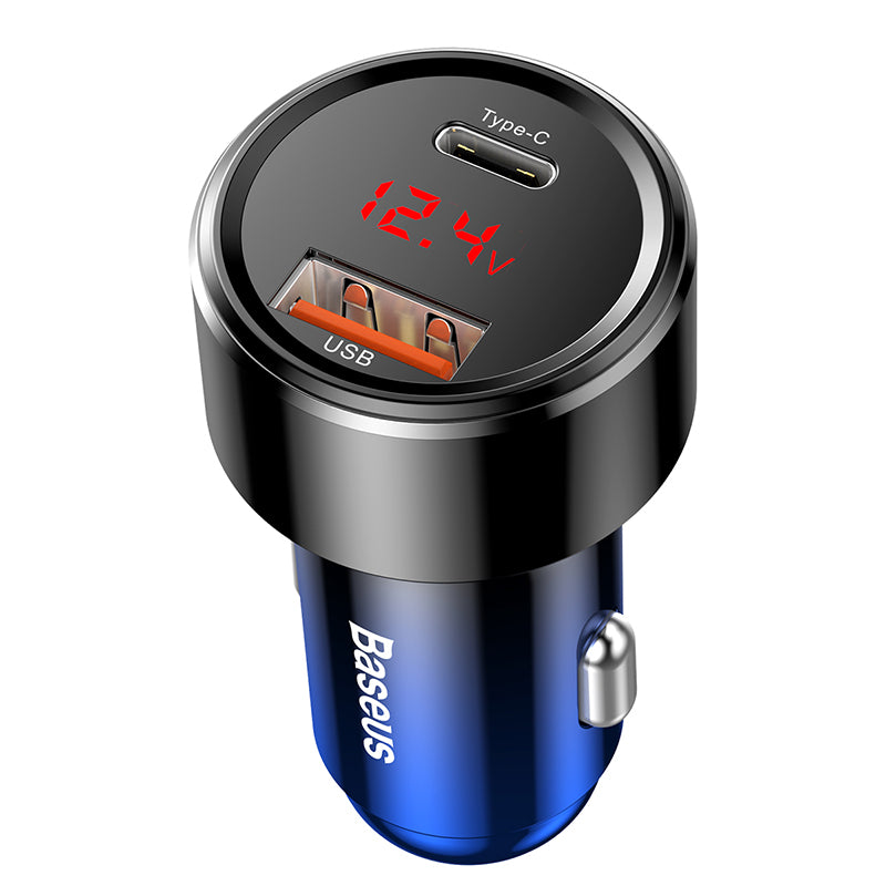Magic PPS شاحن سيارة ميتال بشاشة ديجيتال 45W بمخرجين USB + PD ازرق تدريجى