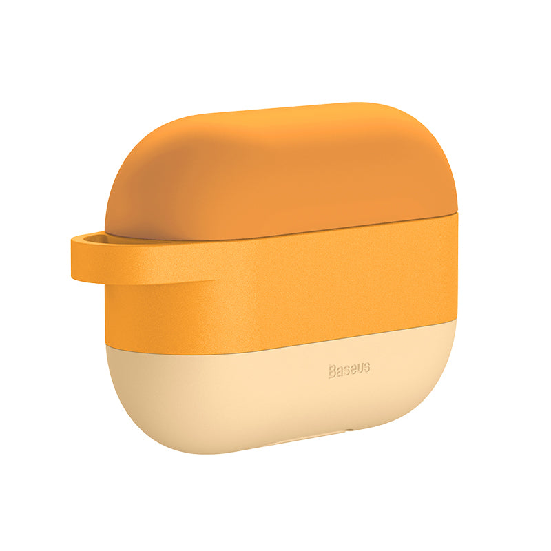 Baseus Cloud hook silicone gel protective case in orange for AirPods Pro, showing the snug fit and textured surface.