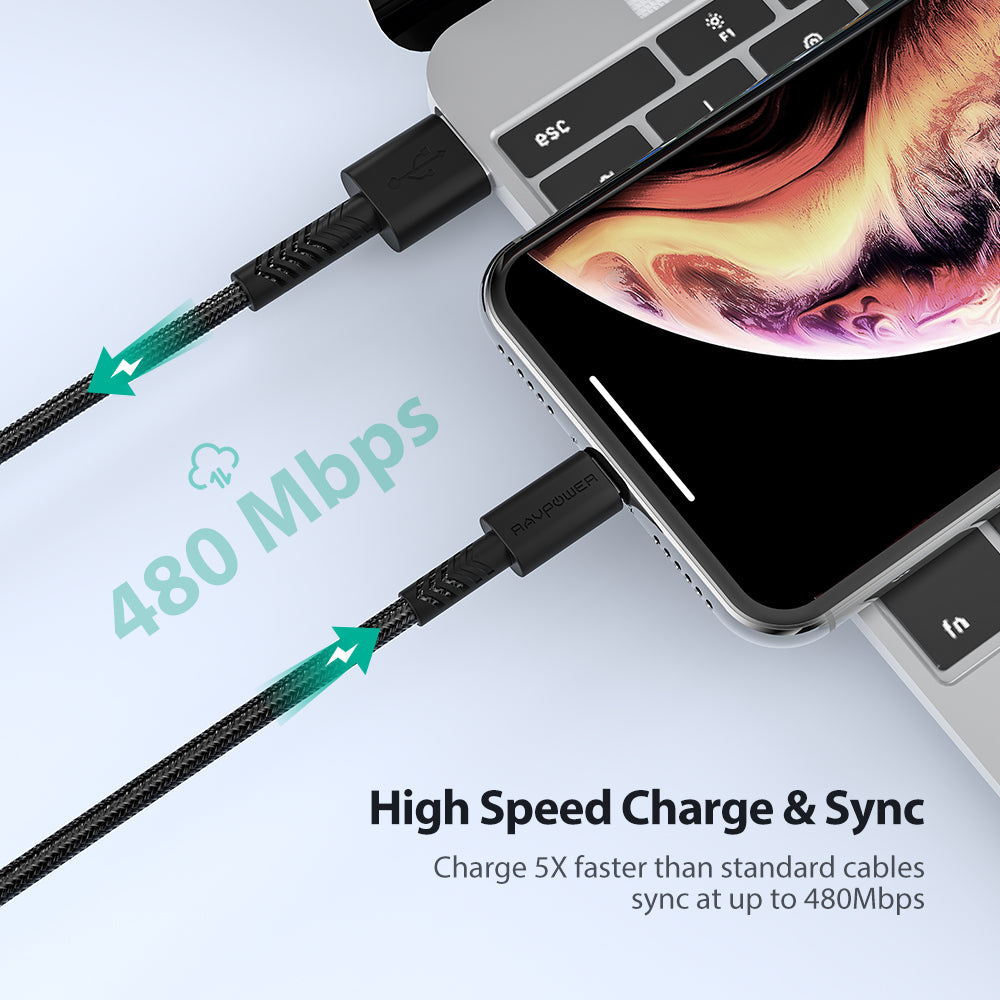 Ravpower RP-CB042 MFI cable, 2m length, featuring anti-cut design, compatible with iPhone charging and data transfer.