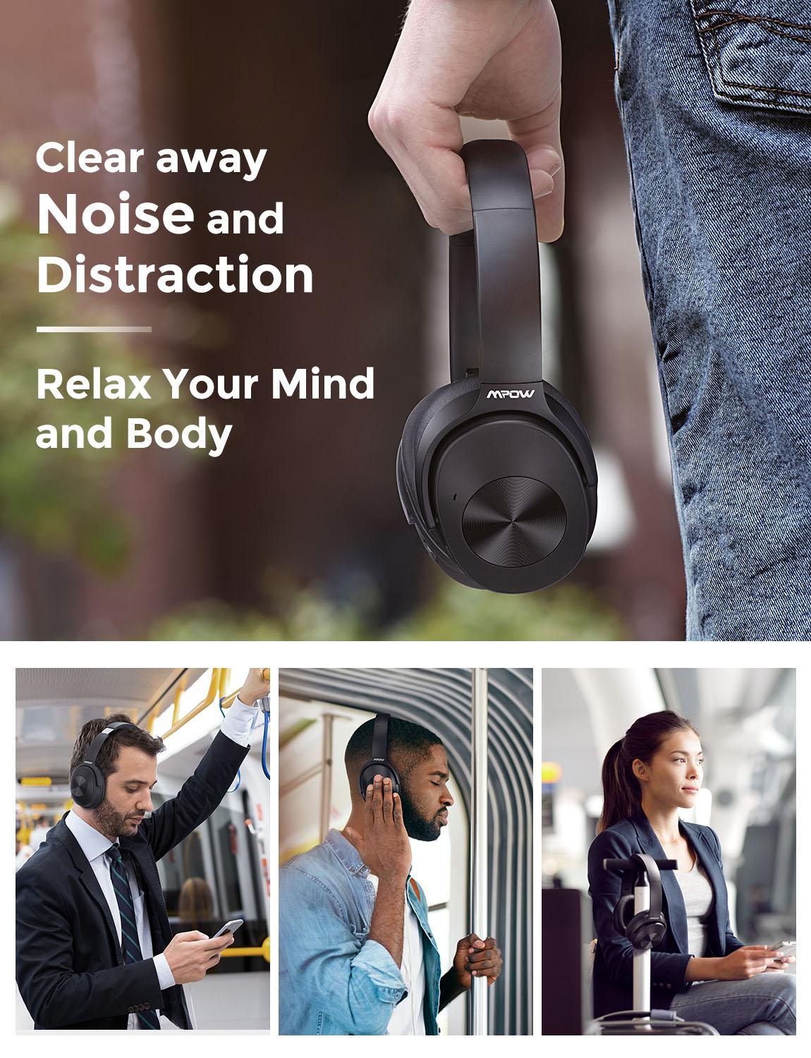 Mpow H12 Hybrid Active Noise Cancelling Headphones Long Battery 30H Black