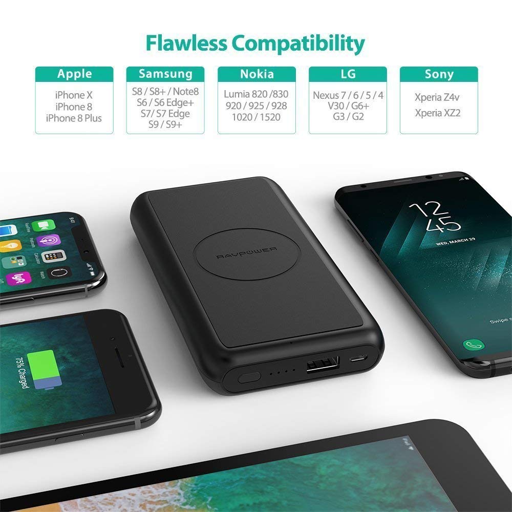 10000mAh Qi Wireless Power Bank By Ravpower Wireless charging 5W with iSmart Technology