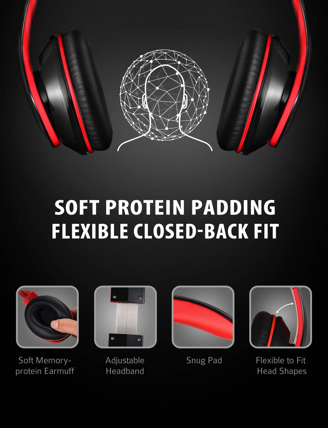 Mpow 059 Stereo HiFi Wireless Headphone With Mic, 20H Play Black/Red