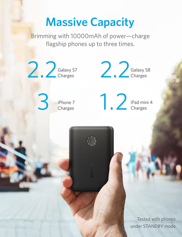 Anker PowerCore II 10000mAh portable power bank in black with USB ports, compact and lightweight for on-the-go charging.