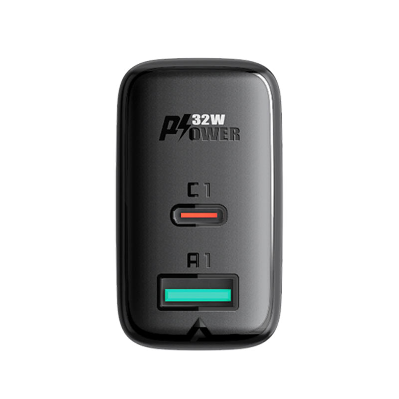 ACEFAST A5 PD32W dual port charger with USB-C and USB-A ports, compact design for fast charging devices.