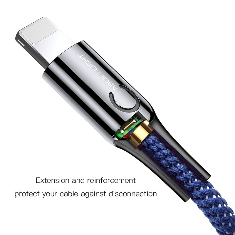 Blue C-shaped smart iPhone charging cable by Smartkoshk with automatic stop after battery is full, illuminated design.