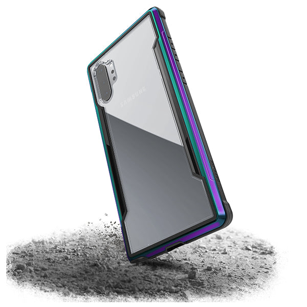 Iridescent Defense Shield by Xdoria for Galaxy Note 10+ with anti-shock protection up to 3 meters, displayed on a smartphone.