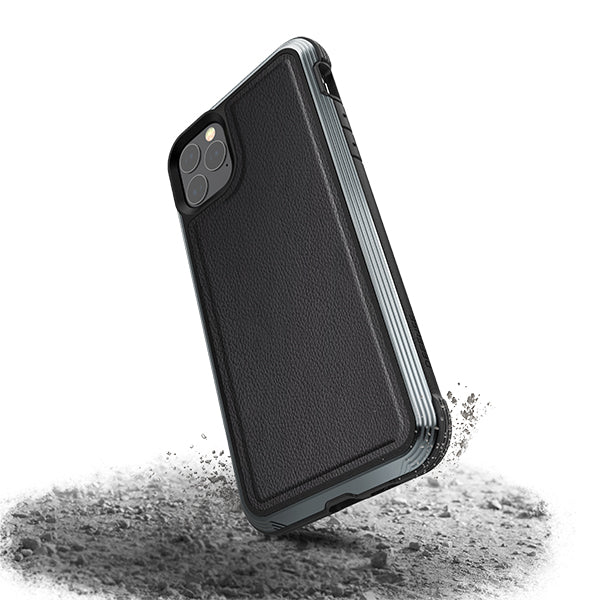 XDoria Defense Lux iPhone 11 Pro leather case with anti-shock protection up to 3 meters, showing the sleek leather exterior.