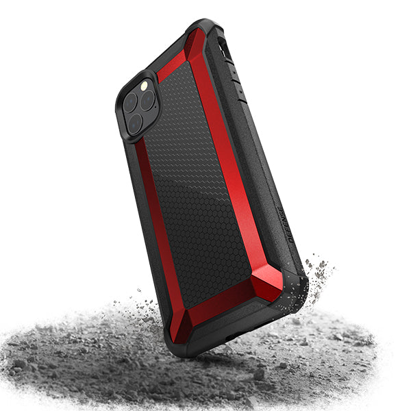 XDoria Defense Tactical case for iPhone 11 Pro in black and red, showcasing anti-shock design and rugged protection.