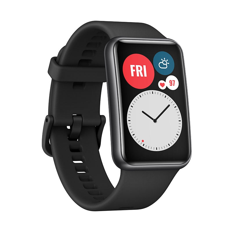 Huawei Watch Fit in black, featuring SpO2 and heart rate monitor with 10 days battery life, shown at an angle.