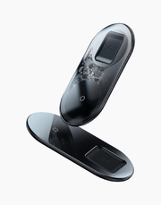Baseus Simple 2in1 Wireless Charger Pro Edition with transparent design for phones and AirPods.