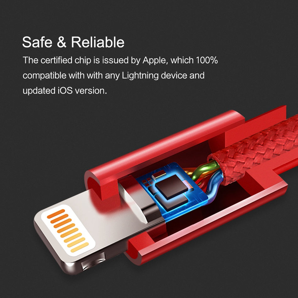 Nylon Braid MFI Certified Lightning Cable Fibre Fast Charging For iPhone / iPad - Black