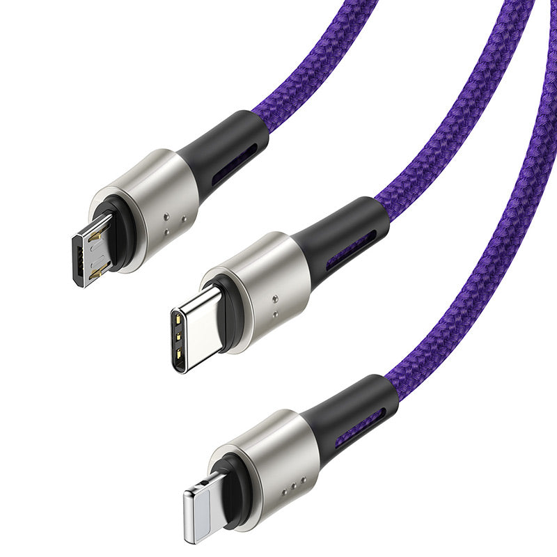 Smartkoshk Caring 3-in-1 nylon cable with zinc alloy connectors for Micro, iPhone, and Type-C devices, resistant to cutting.