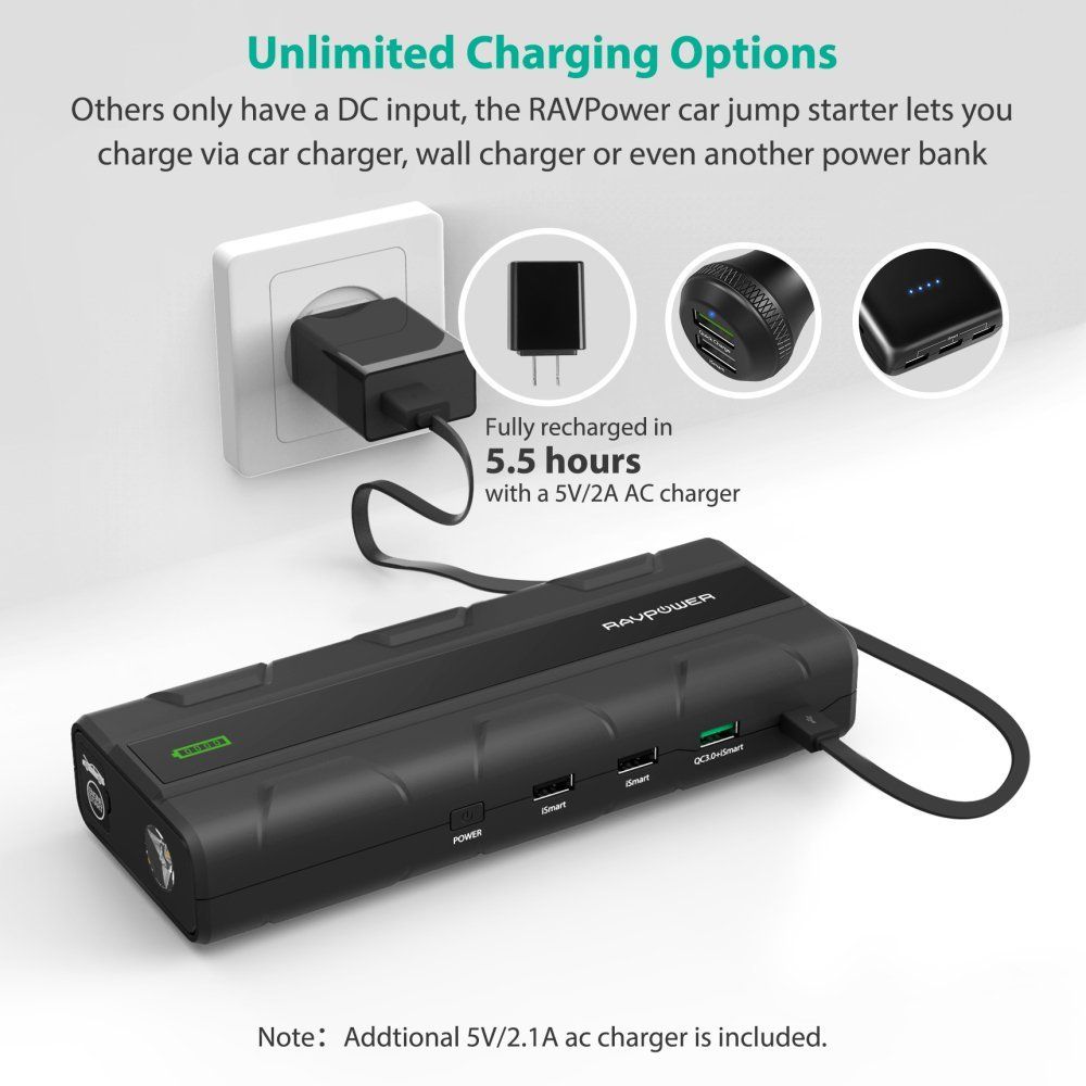 Car Jump Starter By Ravpower 1000A Peak Current Quick Charge 3.0 12V 14000mAh with LED Flashlight