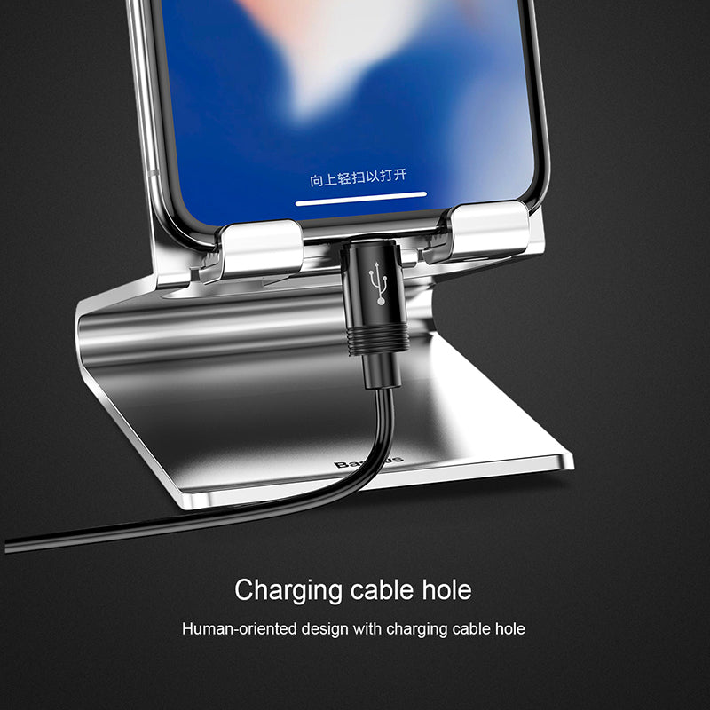 Baseus aluminum desktop bracket with a glass back in silver, showcasing a sleek design for optimal device support.