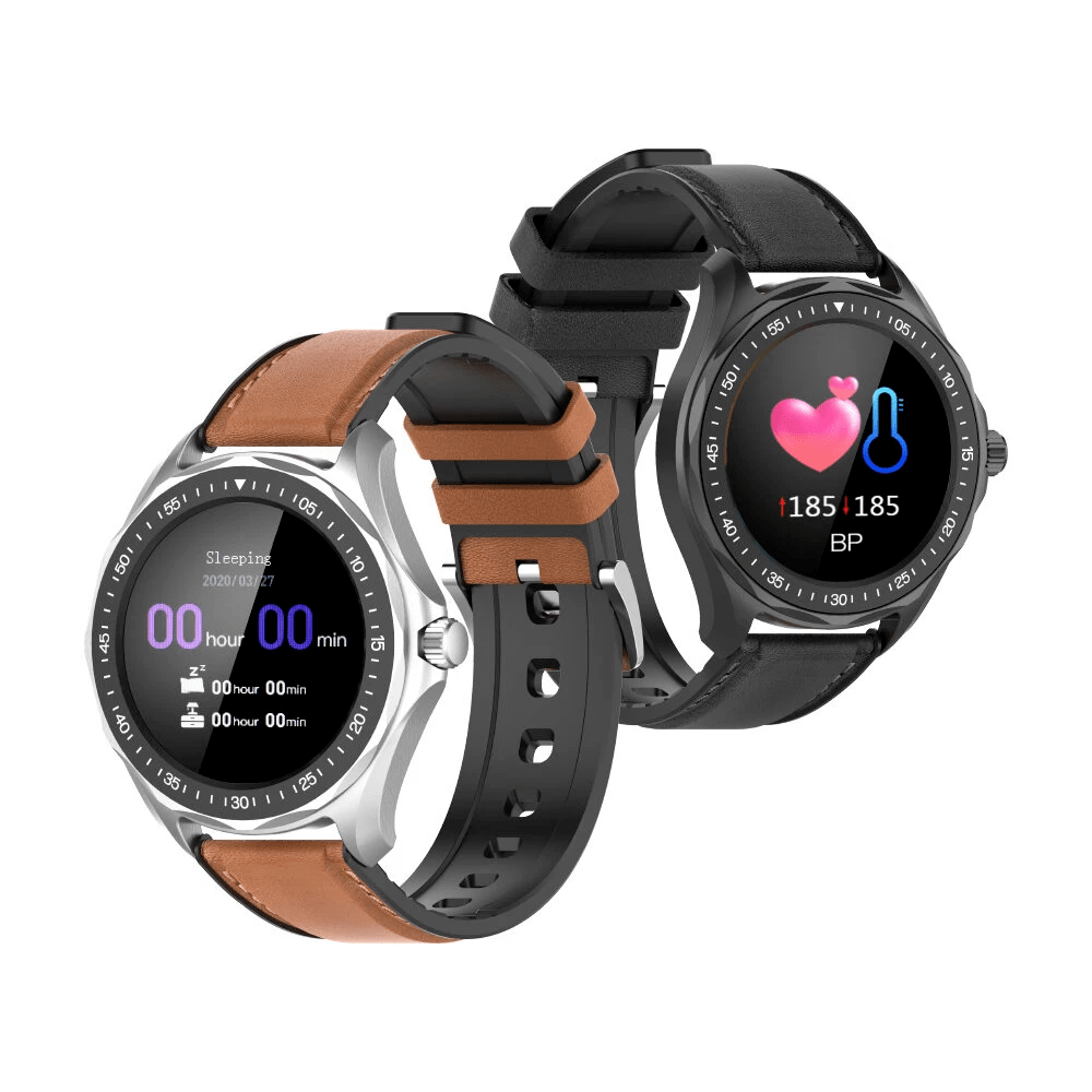 BlitzWolf BW-HL3 1.3-inch full touch smartwatch with brown band, health and fitness tracker, displaying time and activity stats