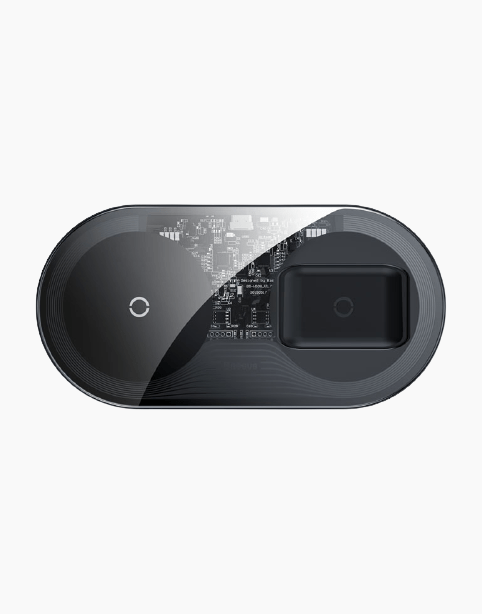 Baseus Simple 2in1 Wireless Charger Pro Edition with transparent design for smartphones and AirPods charging.