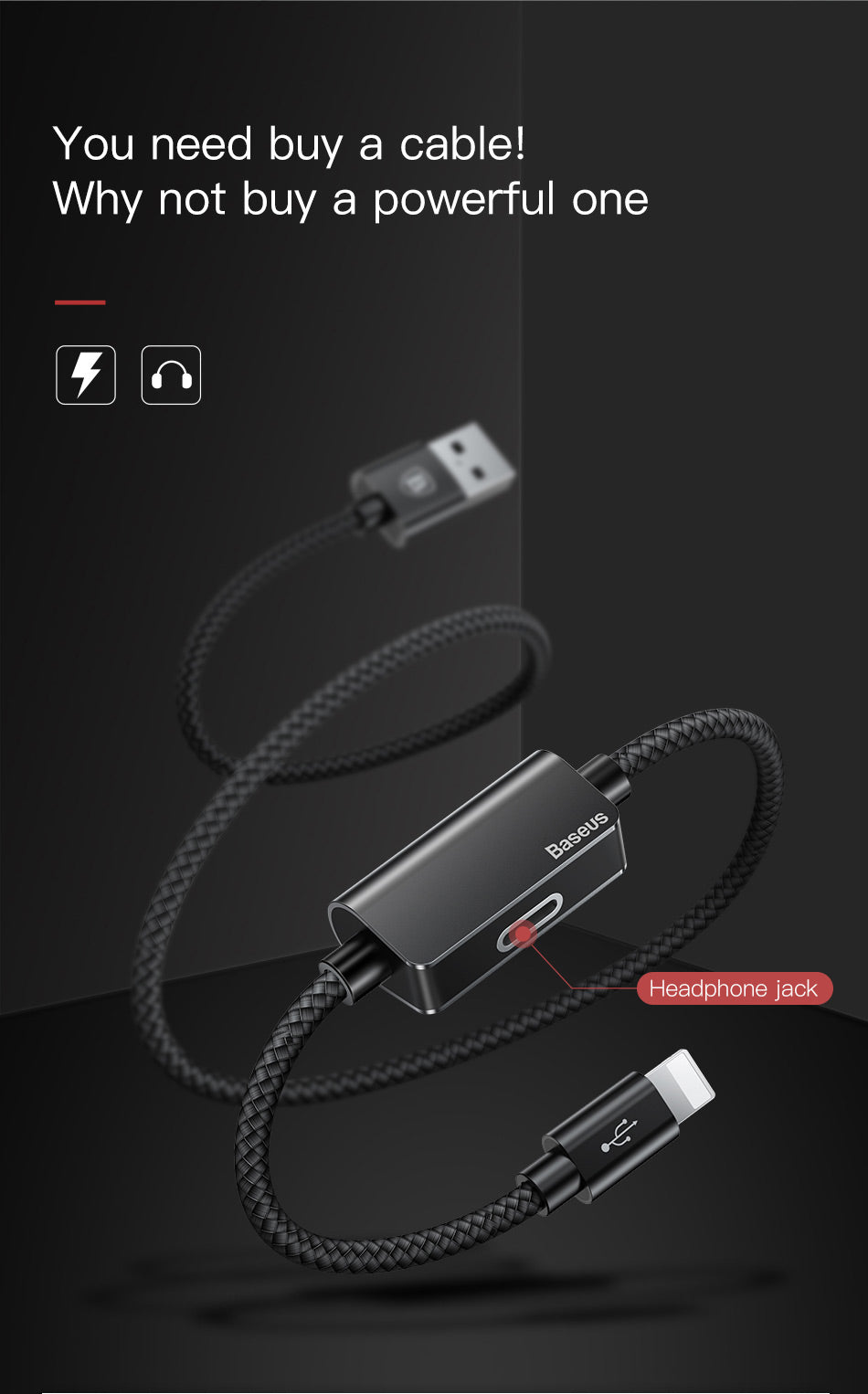 Baseus 2-in-1 iPhone charger and music listening adapter with white cable and connectors, designed for seamless charging and audio.