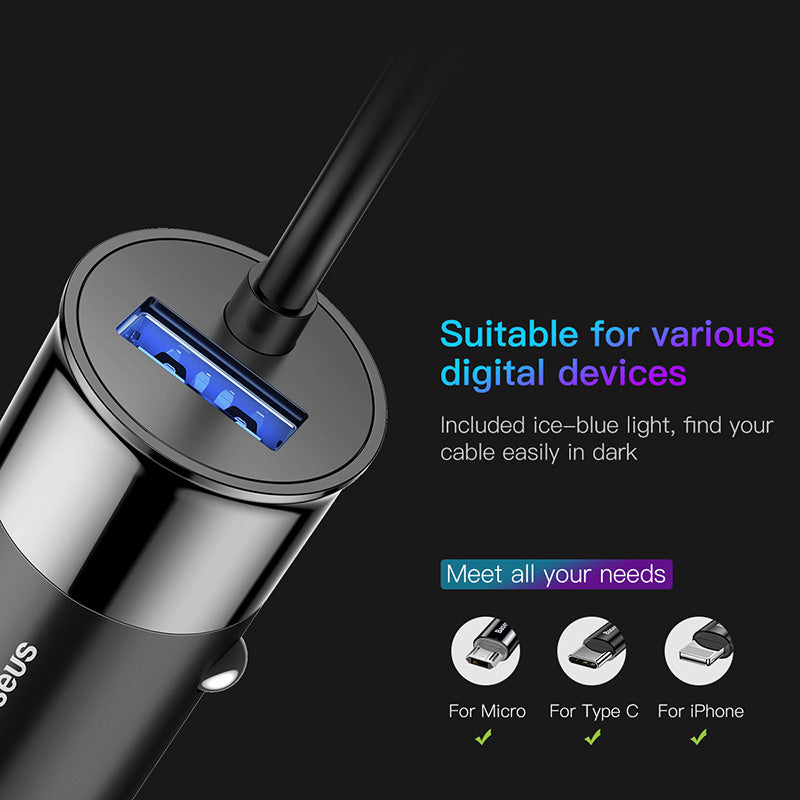Baseus Enjoy Together 2-in-1 Car Charger &amp; Cable for iP/USB-C - Black