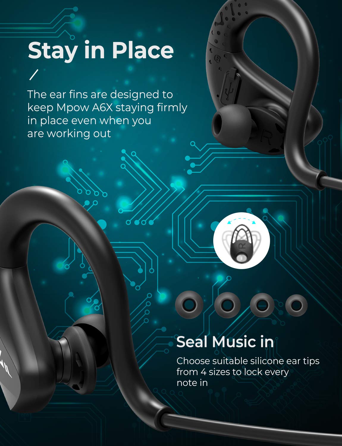 Mpow DS6 (A6X) Sport Wireless Headphone, Bass+, IPX6, BT5.0 Long Battery 9h Black