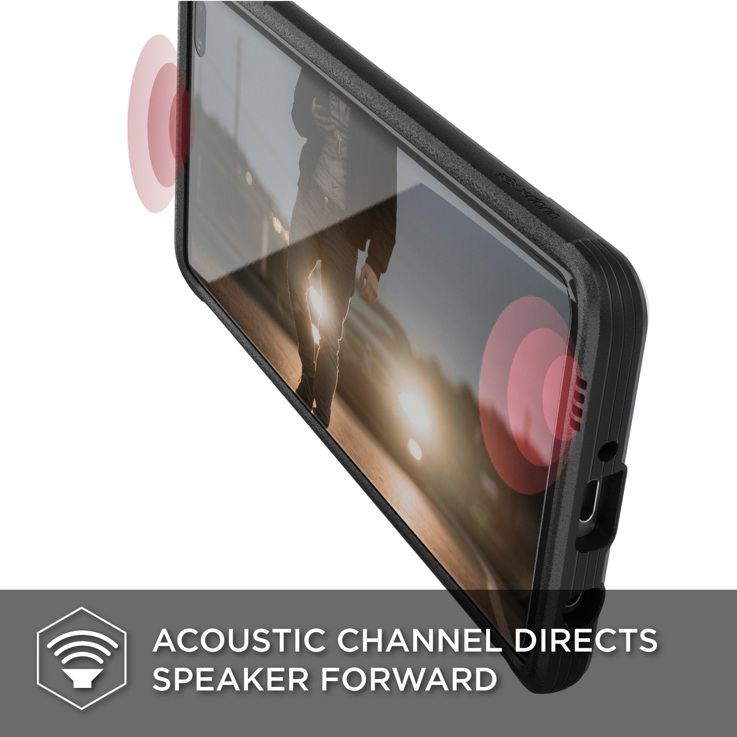 Smartkoshk Defense Shield case for Samsung Galaxy S10 Plus, black drop-tested with 3M protection, shown on the device.