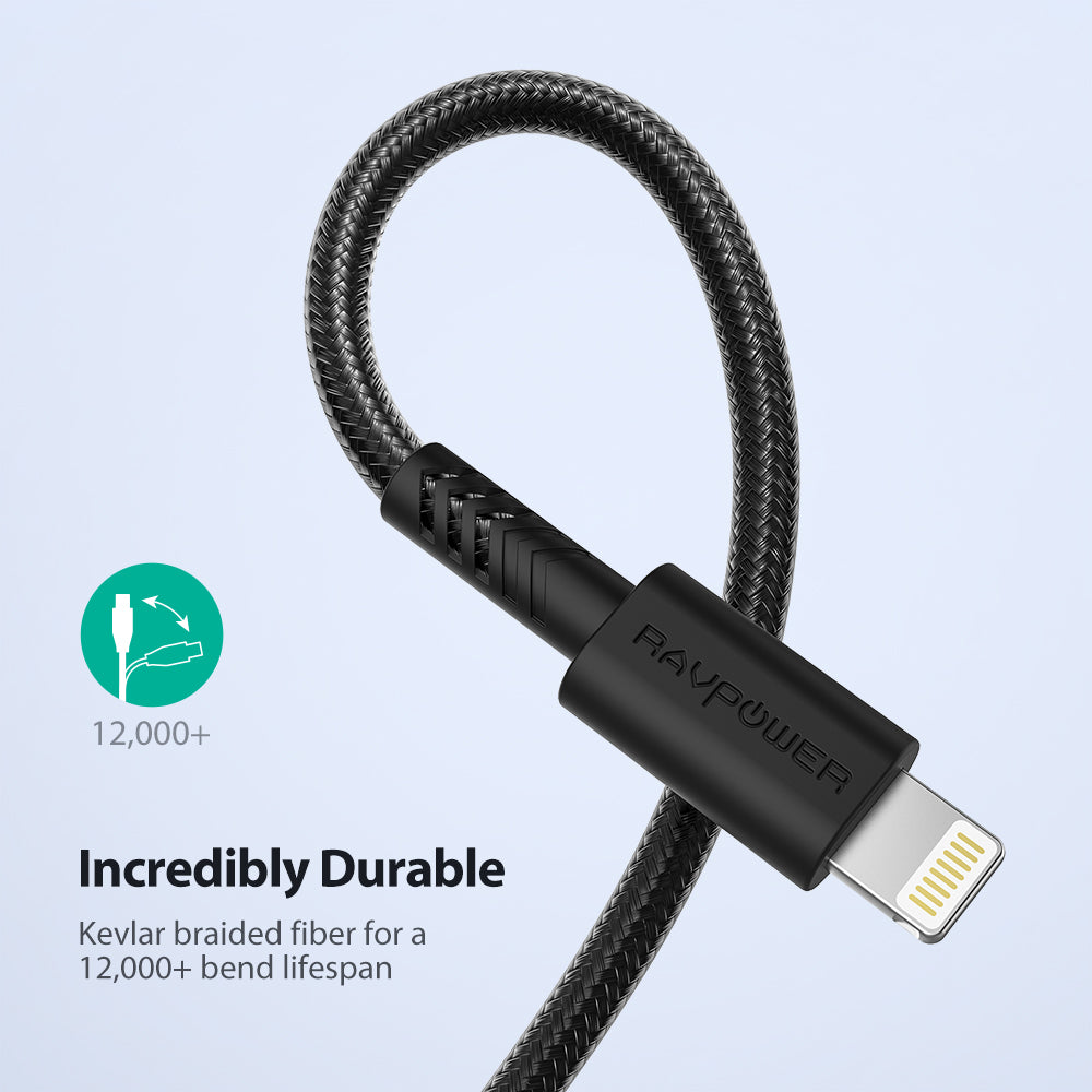 Ravpower Rp-CB042 2m MFI cable for iPhone featuring an anti-cut design, showcasing the durable connector and cable.