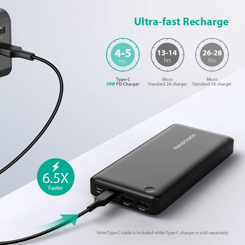 Ravpower USB-C ™ Power Bank 26800mAh PD 30W Type C Output can charger Macbook iSmart