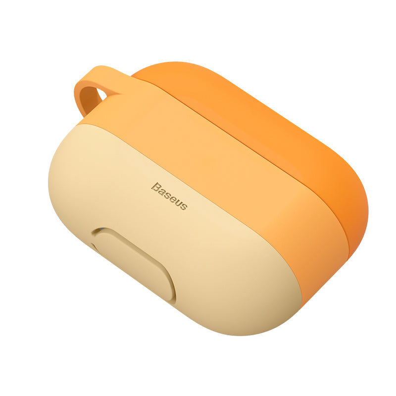Baseus Cloud hook silica gel protective case for AirPods Pro in orange, showing the soft, durable silicone material and snug fit.