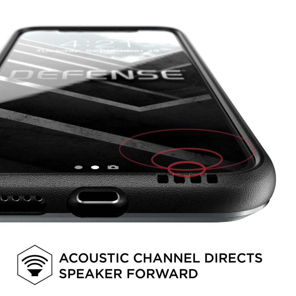 Black Defense Ultra X-Doria iPhone Xs case with anti-shock design and reinforced edges for up to 4 meters drop protection.