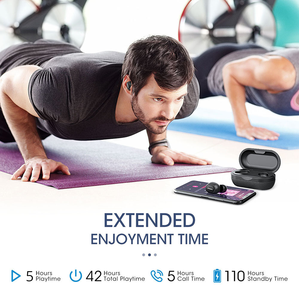 Black Mpow M5 TWS earbuds with charging case, showcasing waterproof IPX7 design and compact wireless earbud setup.