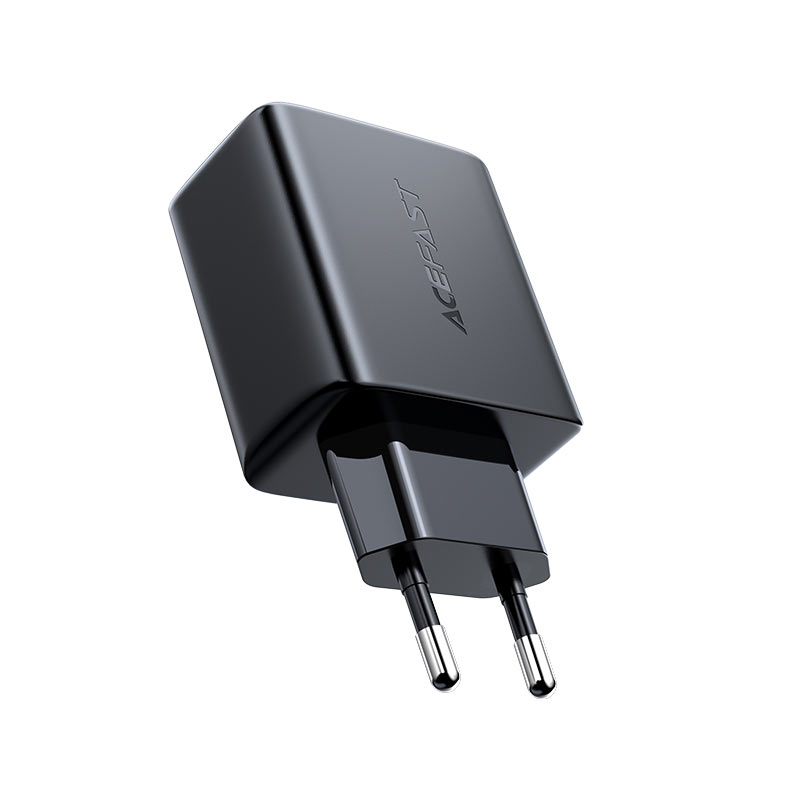 ACEFAST A5 PD32W dual port charger with USB-C and USB-A ports, shown with connected charging cables.