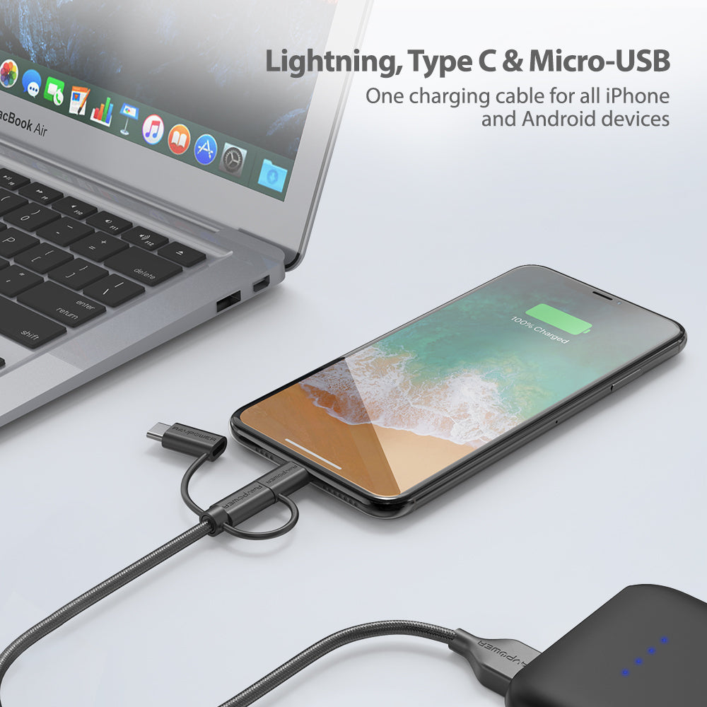 Ravpower RP-CB021 3*1 [ USB C - Micro - iP ] Cable Anti Cut - Black