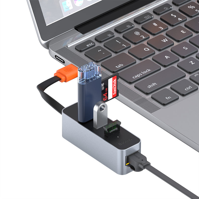 Baseus Steel Cannon Series USB A to USB3.0*3+RJ45 HUB Adapter Gray